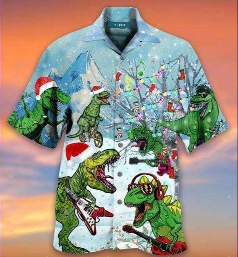 Dinosaurs Play Guitar On Christmas Hawaiian Shirt