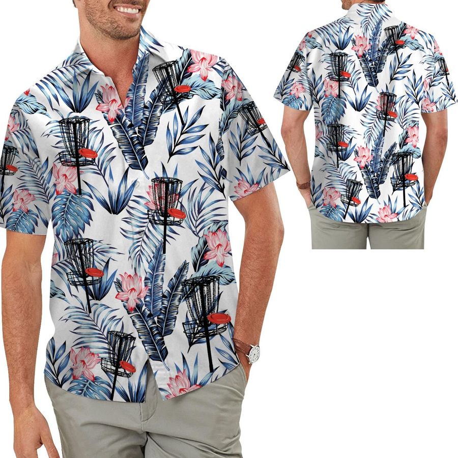 Disc Golf Hawaiian Aloha Tropical Lotus Floral Button Up Men Shirt For Disc Golfers And Sport Lovers On Beach Summer Vacation