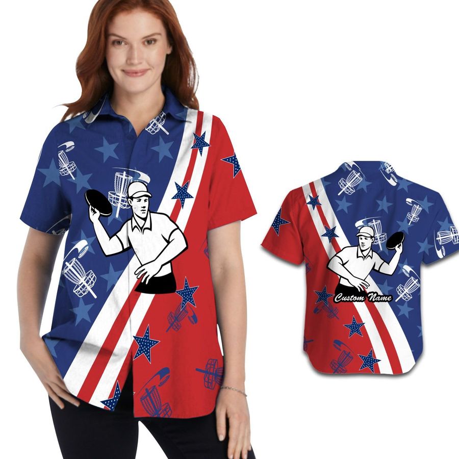Disc Golf Player American Flag Custom Name Women Hawaiian Aloha Tropical Beach Button Up Shirt For Disc Golfers