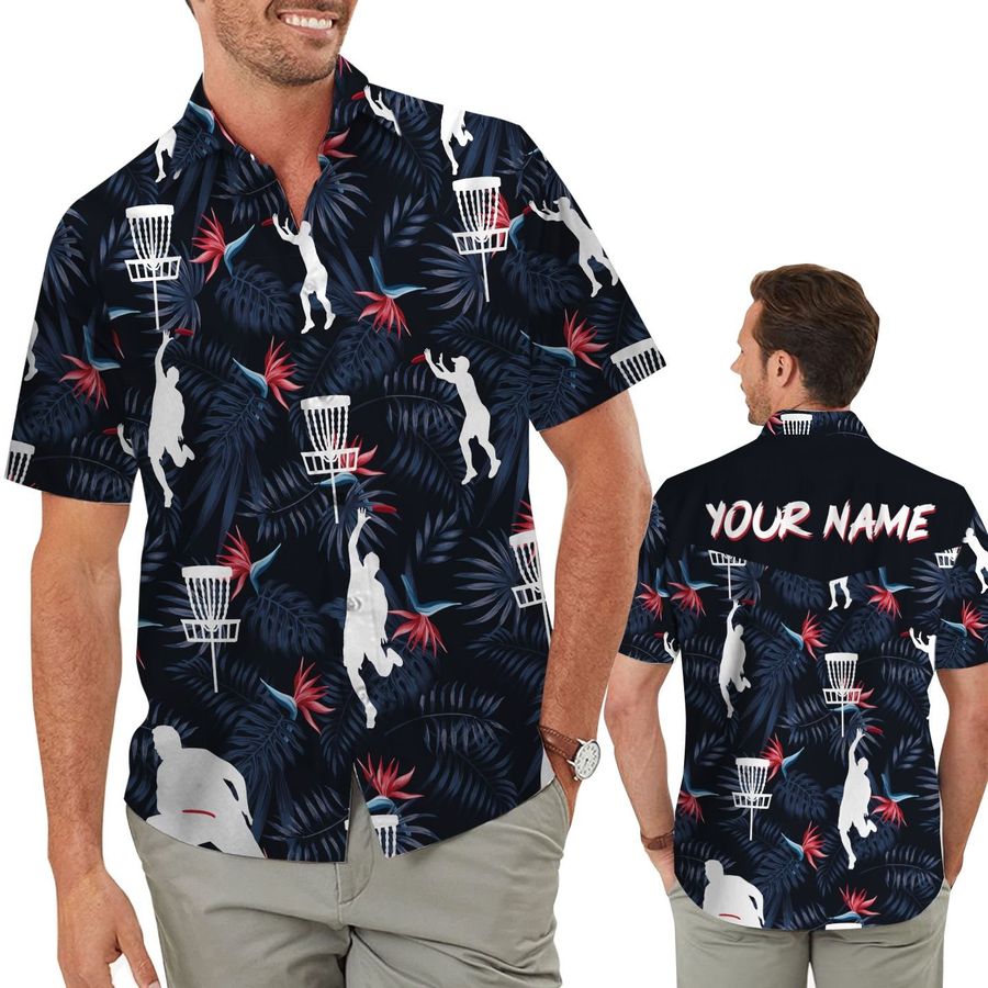 Disc Golf Strelitzia Pattern Custom Name Men Hawaiian Aloha Tropical Floral Beach Button Up Shirt For Disc Golfers On Summer Vacacation