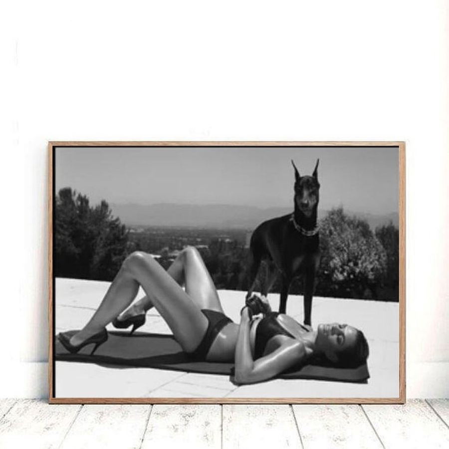 doberman with women black and white home wall decorate music art canvas poster,no frame