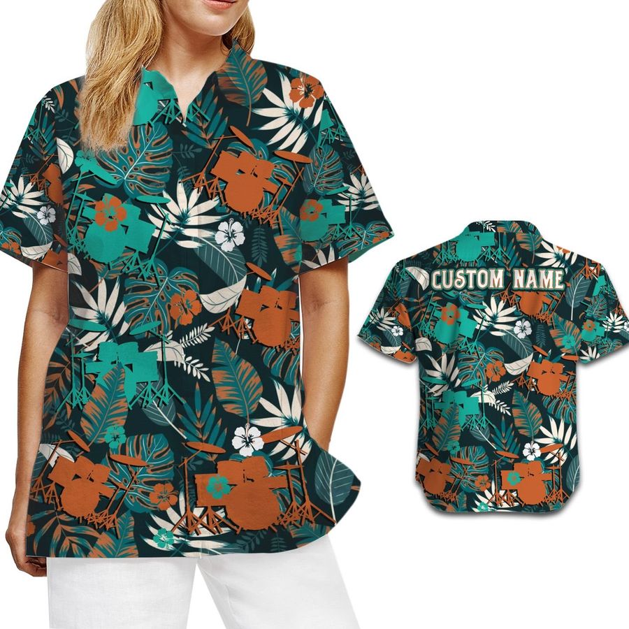 Drums Symbol Image Tropical Floral Aloha Custom Name Women Button Up Hawaiian Shirt Personalized Gifts For Drummers