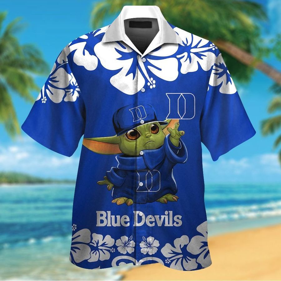 Duke Blue Devils Baby Yoda Short Sleeve Button Up Tropical Aloha Hawaiian Shirts For Men Women