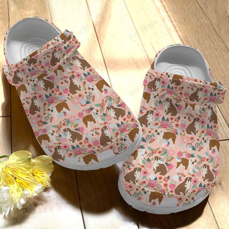 English Bulldog Crocs Classic Clog Floral Background Shoes