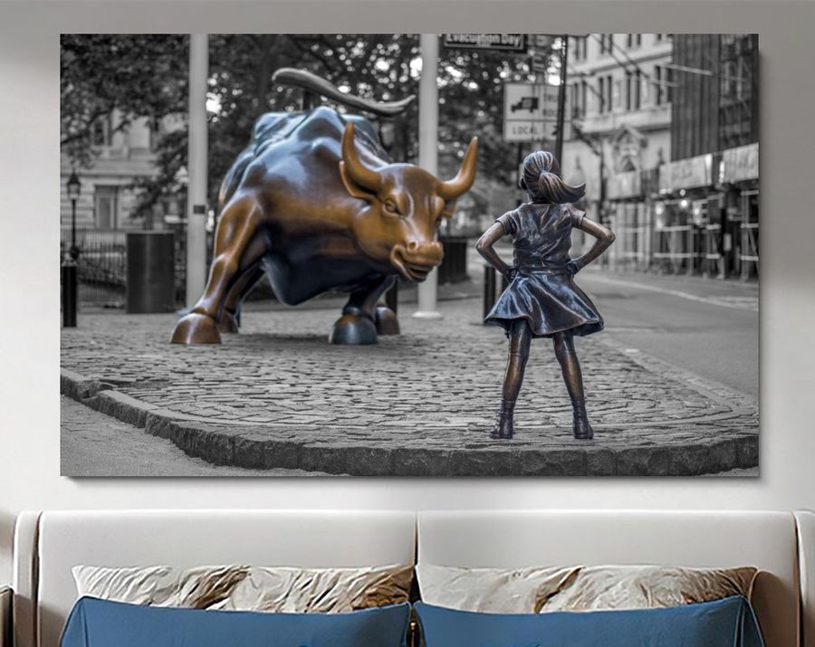 Fearless Girl and Bull Wall Art, Bull Canvas, Vintage Poster, New York Wall Decor, Modern Print Art, Extra Large Painting, Canvas or Poster