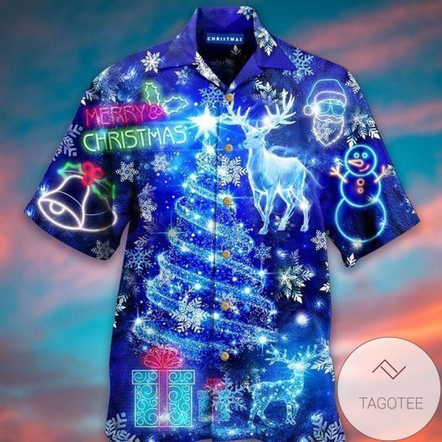 Find Blue Merry Christmas Light Deer And Christmas Tree Hawaiian Aloha Shirts