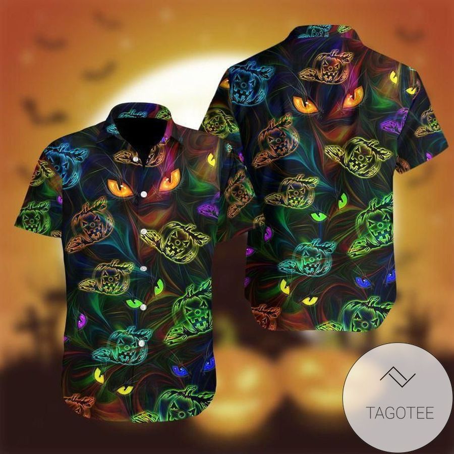 Find Halloween Colorful Light Cat And Pumpkin Authentic Hawaiian Shirt 2022