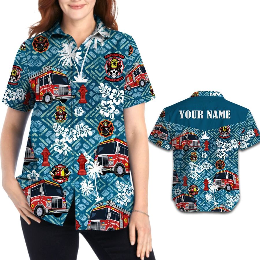 Firefighter Car Symbol Tropical Custom Name Personalized Women Aloha Button Up Hawaiian Shirt For Firefighter Lovers