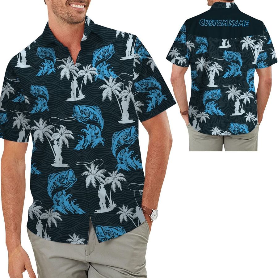 Fishing Tropical Cocconut Trees Custom Name Personalized Men Aloha Button Up Hawaiian Shirt For Fishers Fisherman Sport Lovers