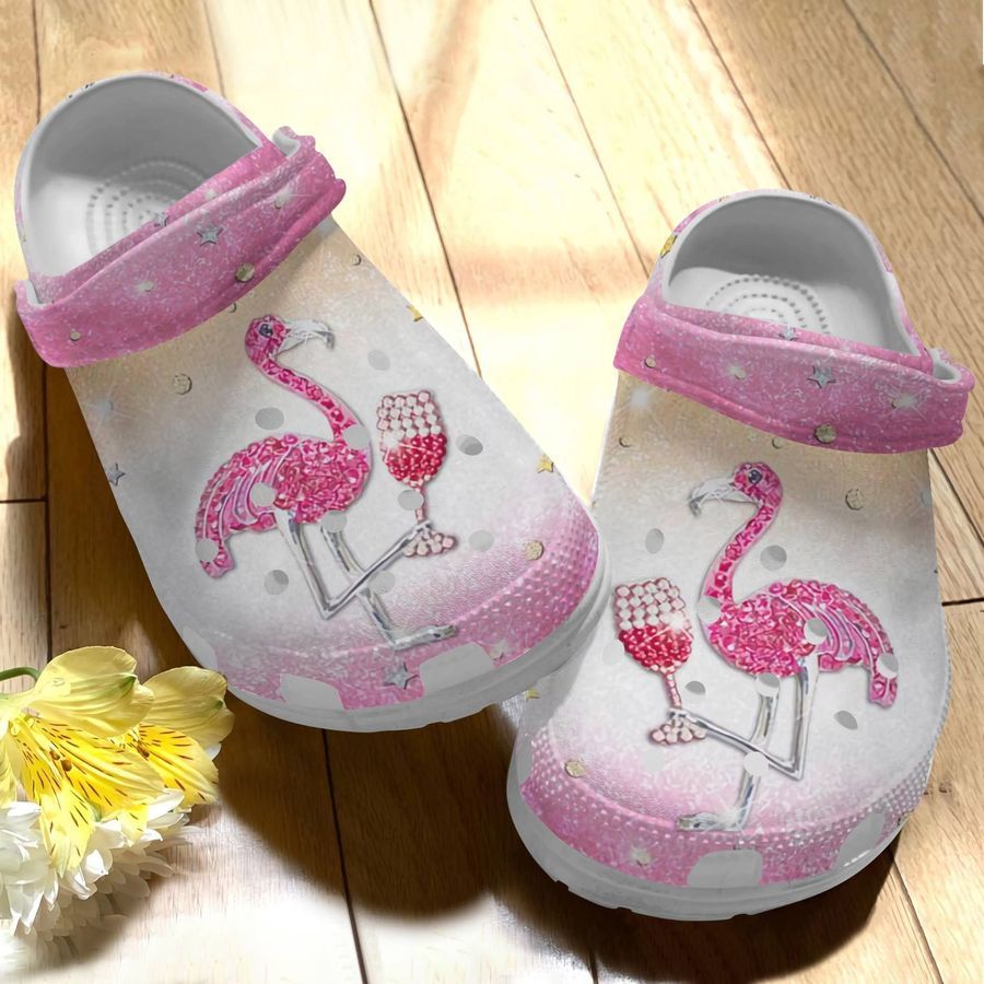 Flamingo And Wine Party Shoes Crocs Clogs Birthday Gift For Women Girl - Flamingo-Wn
