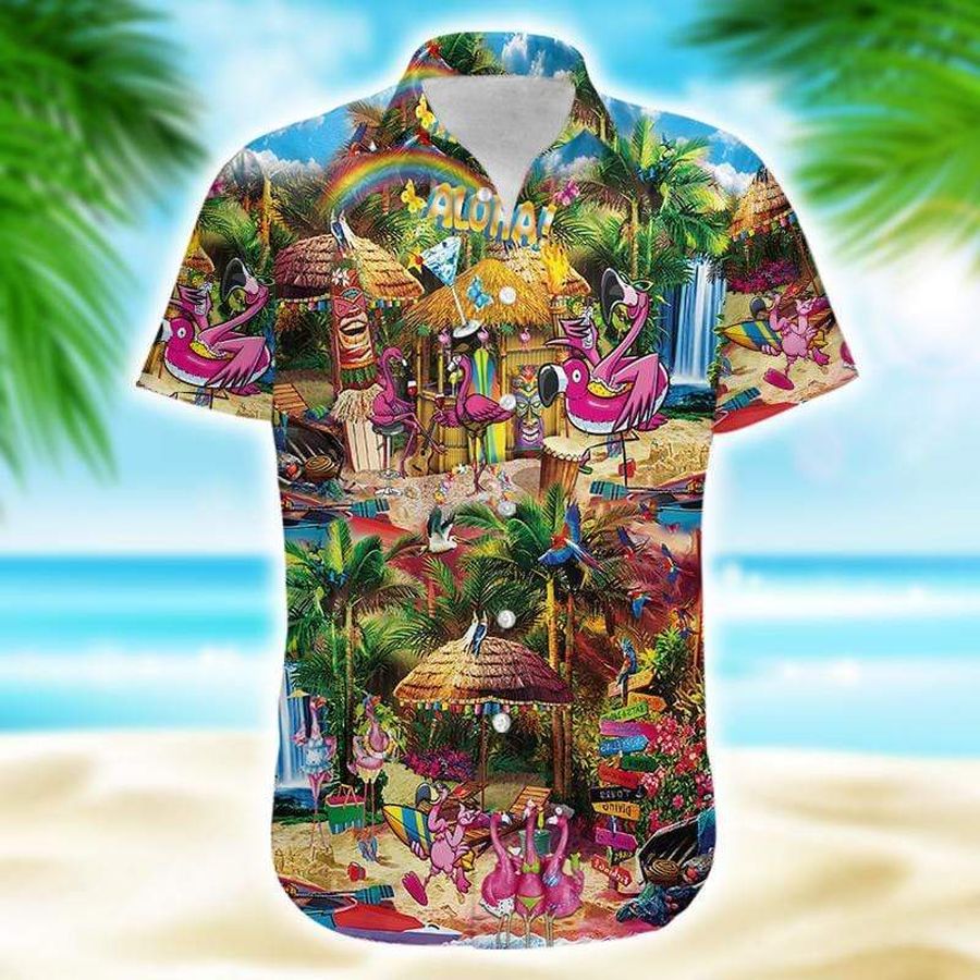 Flamingo At Tiki Bar Tropical For Men For Women Hw3743 Hawaiian Shirt Pre11874, Hawaiian shirt, beach shorts, One-Piece Swimsuit, Polo shirt