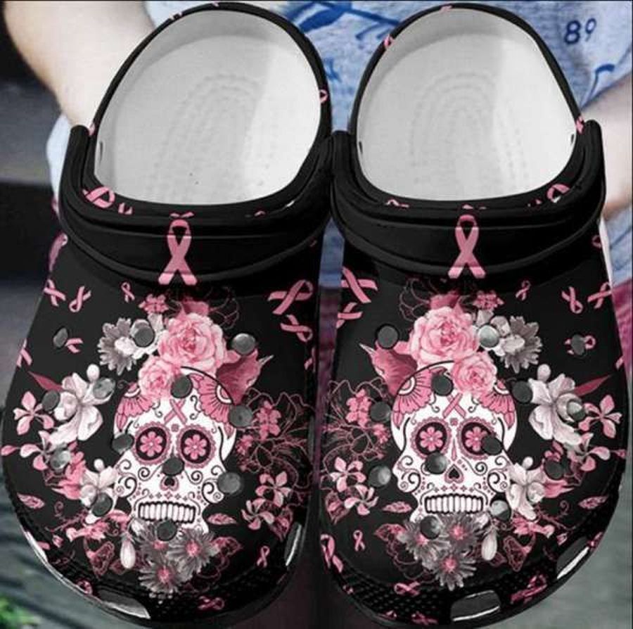 Floral Skull Breast Cancer Awareness Crocs Clog Shoes