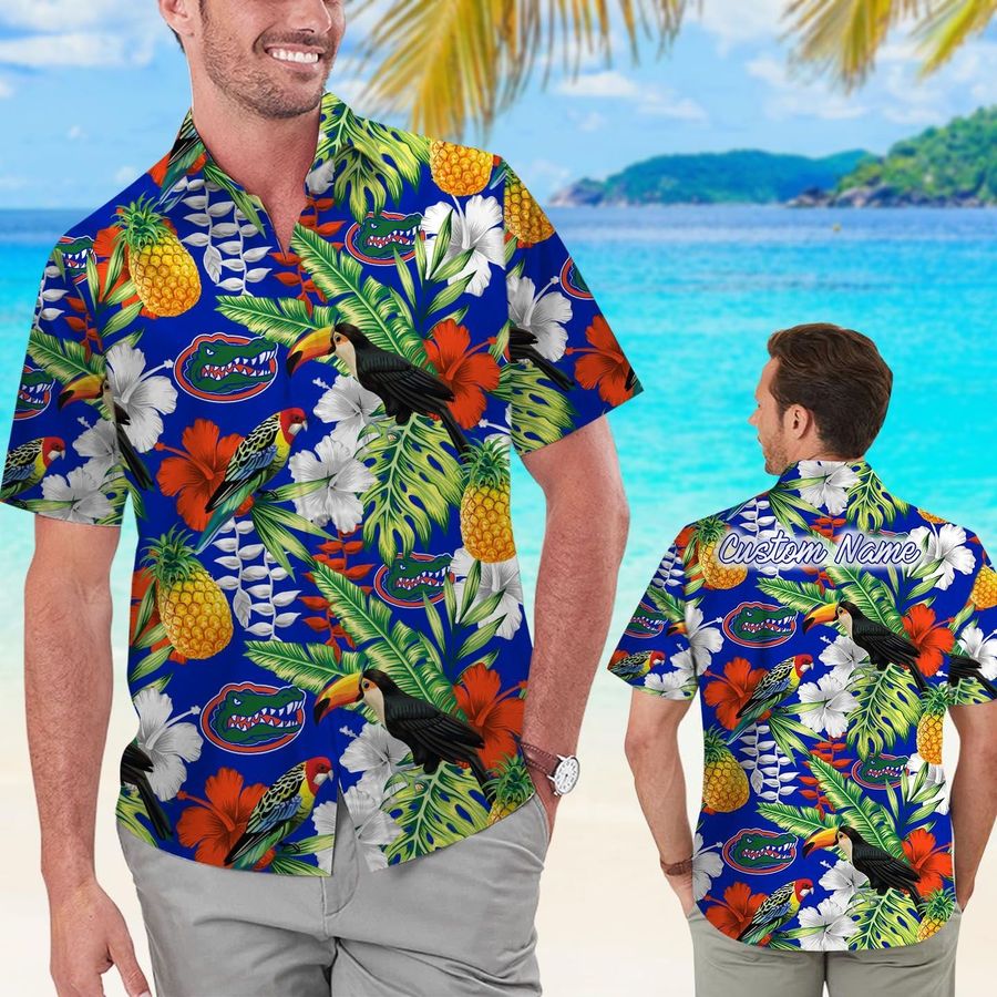 Florida Gators Custom Name Parrot Floral Tropical Men Women Short Sleeve Button Up Tropical Aloha Hawaiian Shirts For Men Women University Of Florida