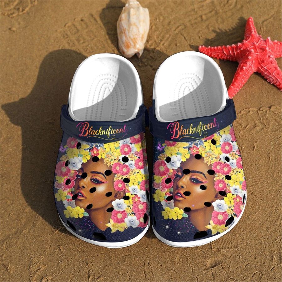 Flower Black Girl Cute Custom Crocs Shoes Clogs Thanksgiving Gifts Autumn - Full Of Flower Black Queen Beach Shoe Birthday Gift For Women Girl