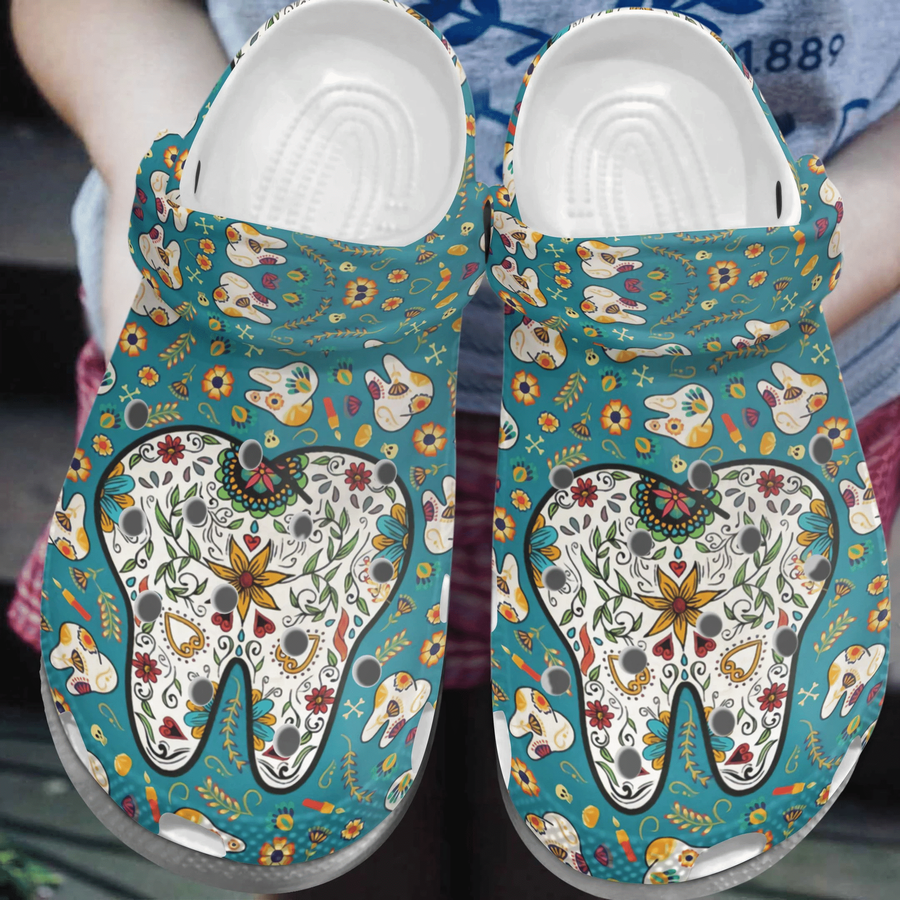 Flower Teeth Cute Tooth Dentist  Gift For Lover Rubber Crocs Crocband Clogs, Comfy Footwear Tl97.png