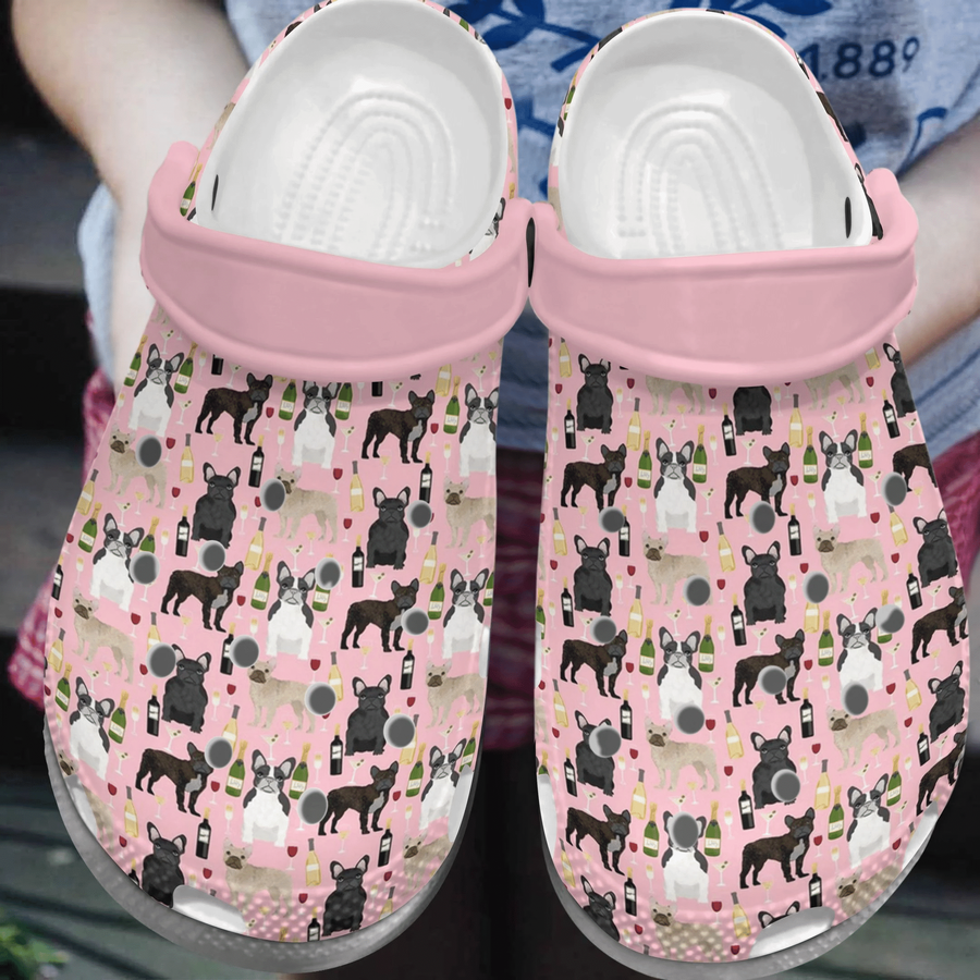 French Bulldog And Wine Drunk Frenchies Gift For Lover Rubber Crocs Crocband Clogs, Comfy Footwear.png