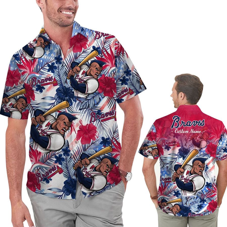 Funny Atlanta Braves Tropical Floral America Flag Custom Name Personalized Men Women Aloha Hawaiian Shirt Short For Football Lovers