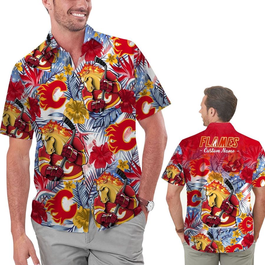Funny Calgary Flames Tropical Floral America Flag Custom Name Personalized Men Women Aloha Hawaiian Shirt Short For Hockey Lovers