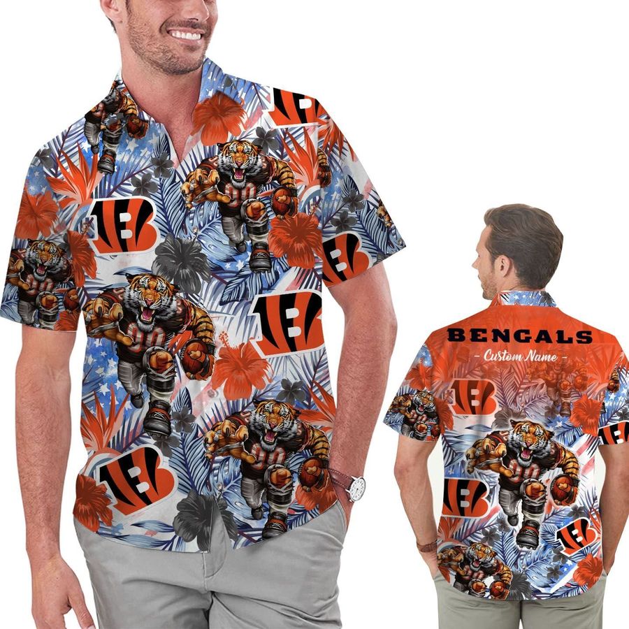 Funny Cincinnati Bengals Tropical Floral America Flag Custom Name Personalized Men Women Aloha Hawaiian Shirt Short For Football Lovers