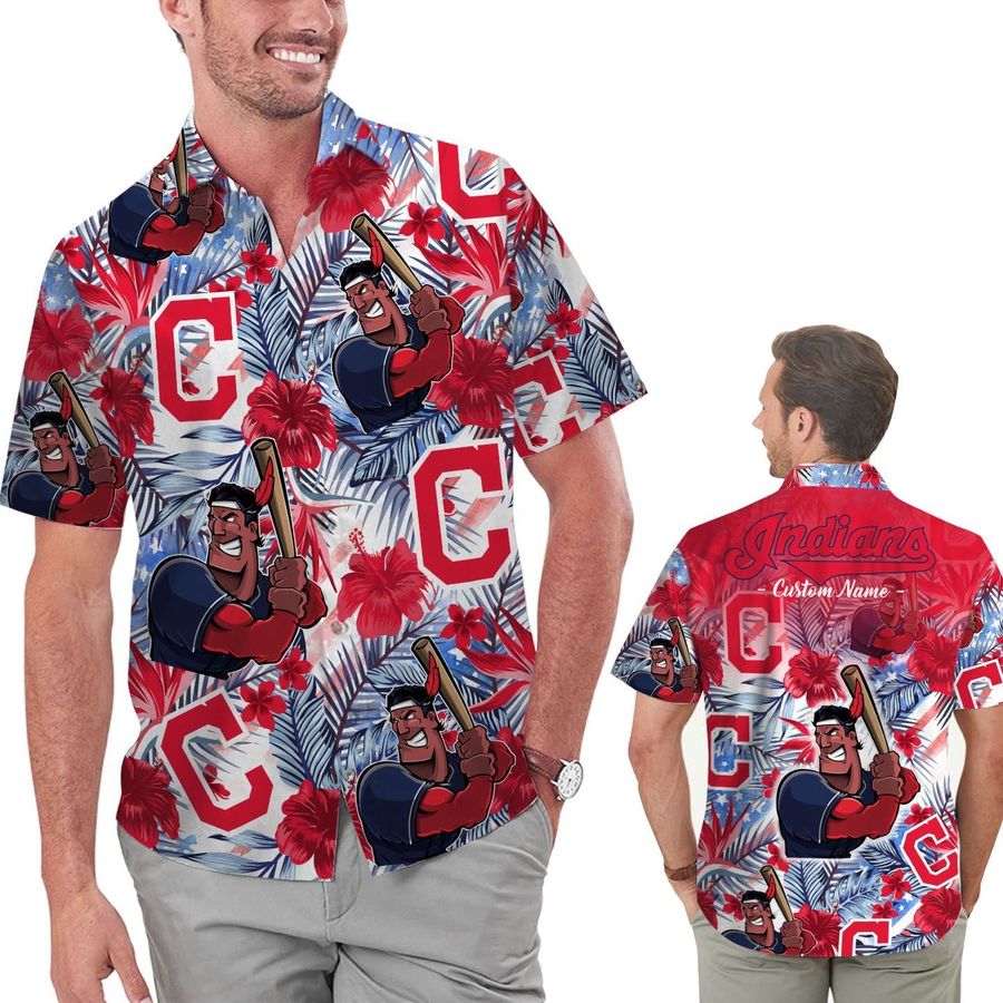Funny Cleveland Indians Tropical Floral America Flag Custom Name Personalized Men Women Aloha Hawaiian Shirt Short For Football Lovers