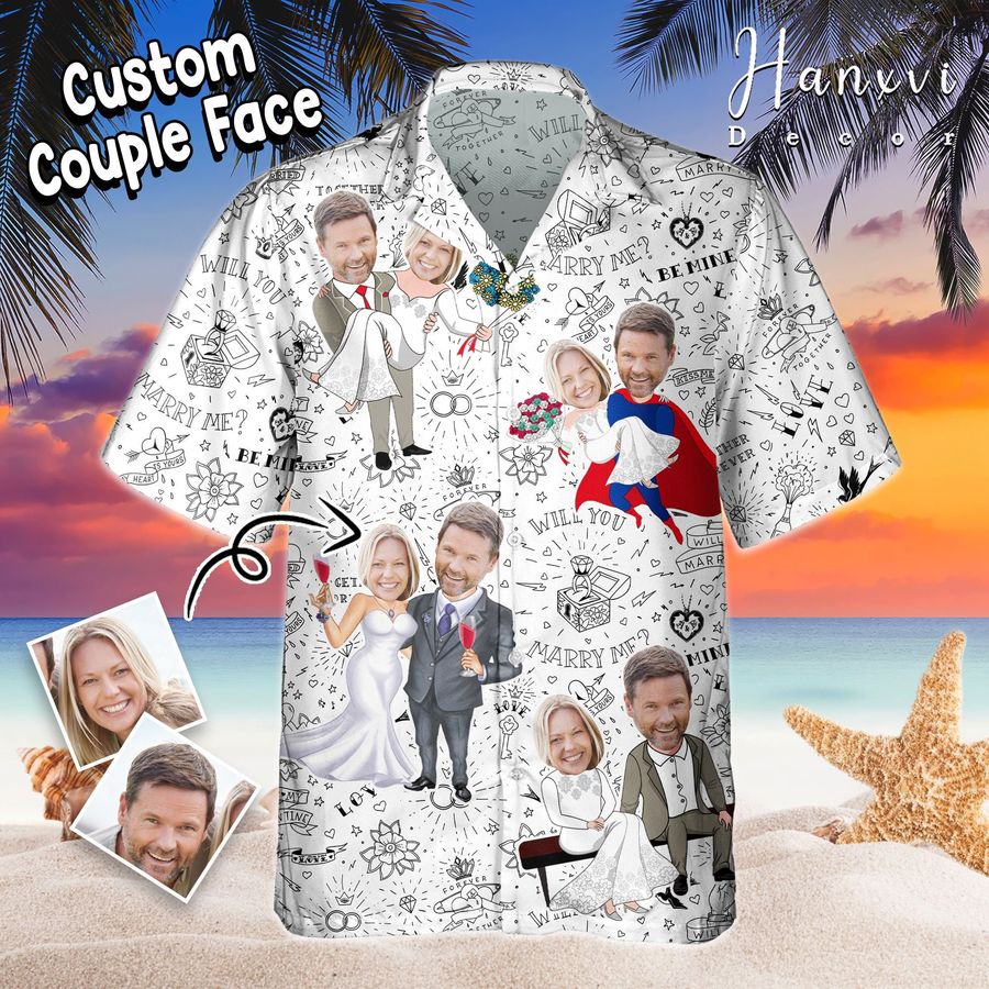 Funny Custom Couple Face Hawaiian Shirt, Couple Matching Outfits, Wedding Anniversary Gift, Group Wedding Uniforms,  Engagement Gift, S-5XL