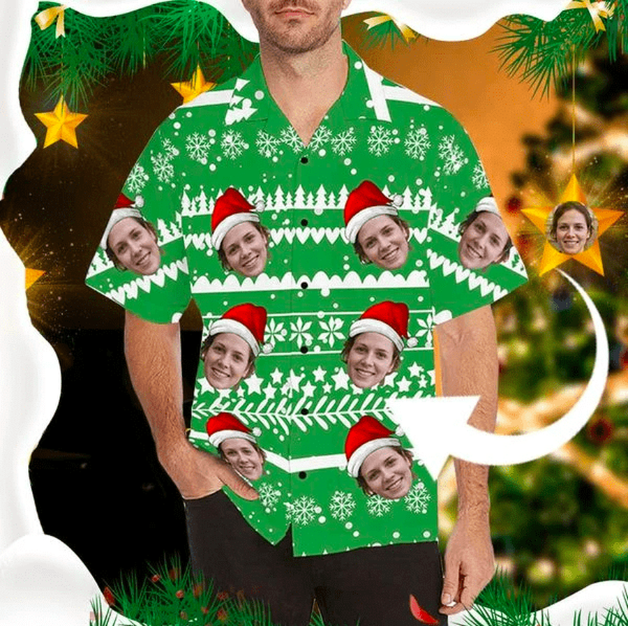 Funny Custom Face Merry Christmas Green Unisex Hawaiian Shirt.png
