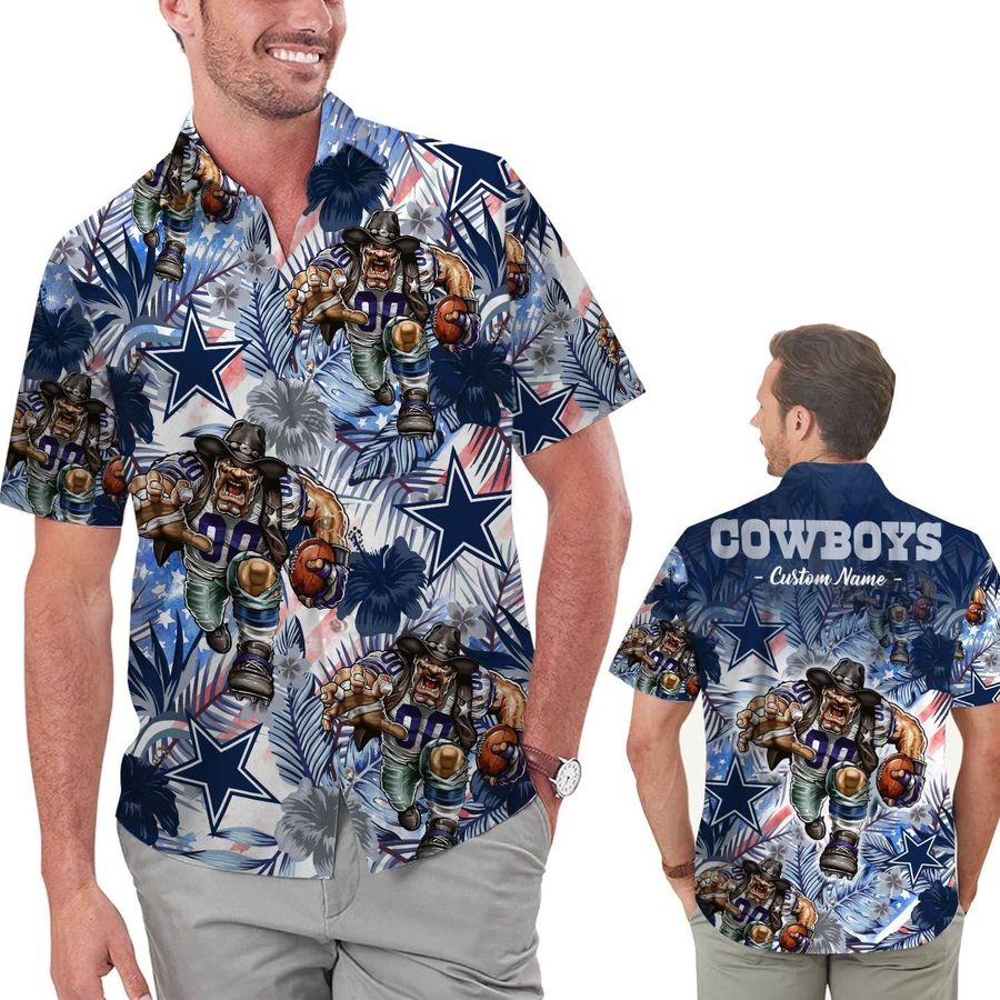 Funny Dallas Cowboys Tropical Floral America Flag Custom Name Personalized Men Women Aloha Hawaiian Shirt Short For Football Lovers