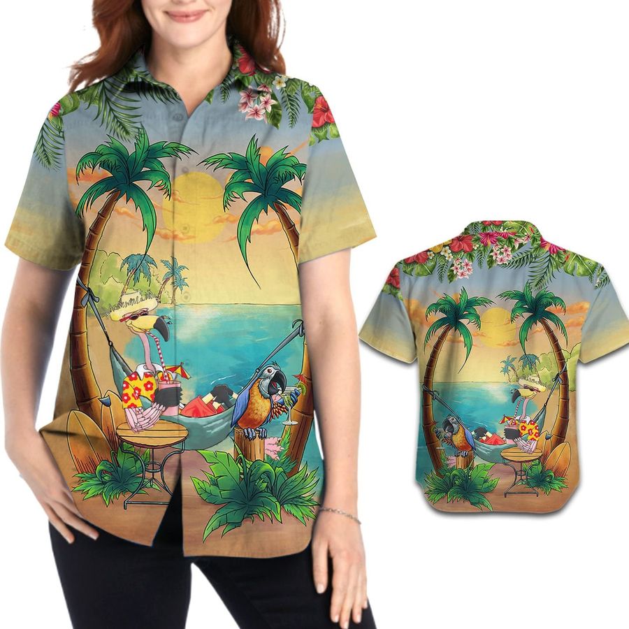 Funny Flamingo Parrot Tropical Beach Coconut Tree Women Aloha Button Up Hawaiian Shirt For Bird Animal Lovers In Summer