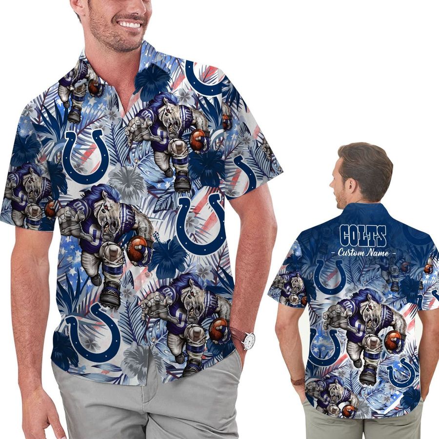 Funny Indianapolis Colts Tropical Floral America Flag Custom Name Personalized Men Women Aloha Hawaiian Shirt Short For Football Lovers