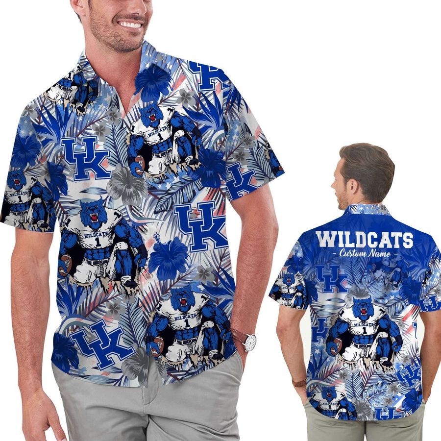 Funny Kentucky Wildcats Tropical Floral America Flag Custom Name Personalized Men Women Aloha Hawaiian Shirt Short For Football Lovers University Of Kentucky