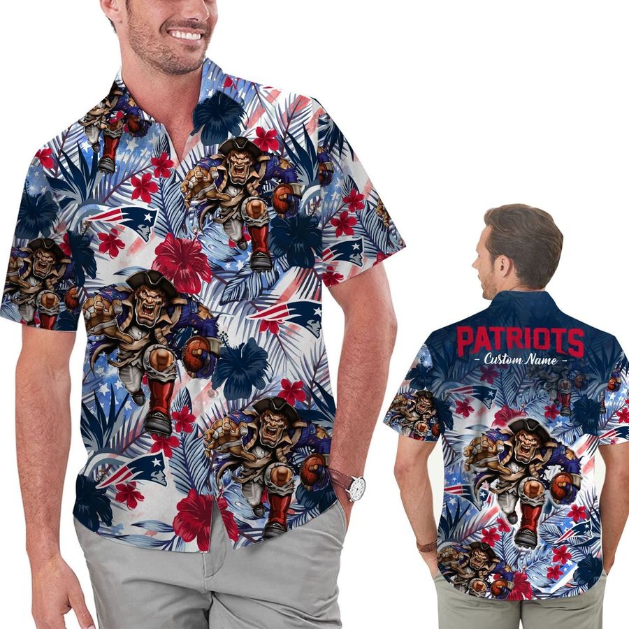 Funny New England Patriots Tropical Floral America Flag Custom Name Personalized Men Women Aloha Hawaiian Shirt Short For Football Lovers