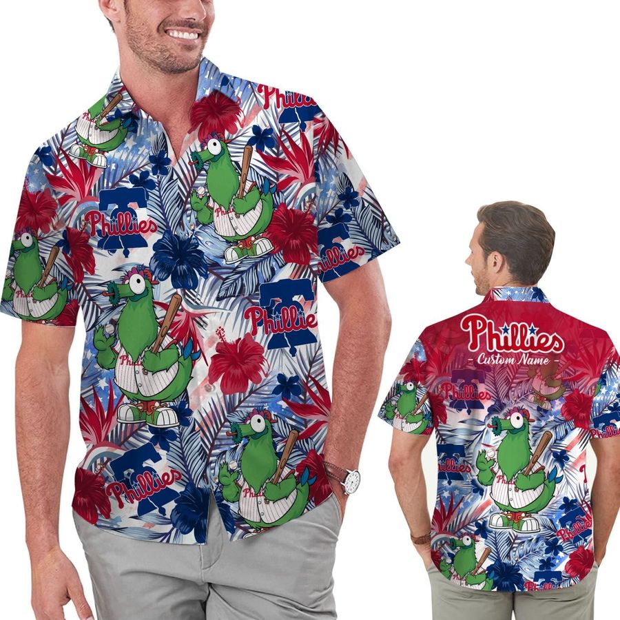 Funny Philadelphia Phillies Tropical Floral America Flag Custom Name Personalized Men Women Aloha Hawaiian Shirt Short For Football Lovers