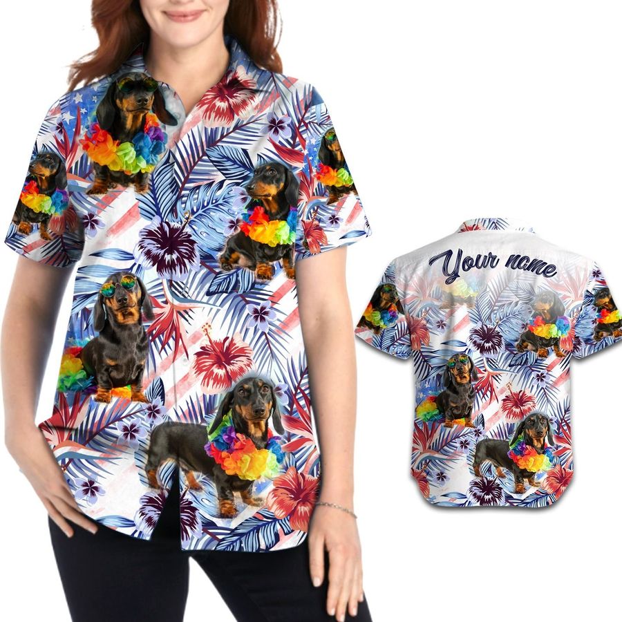 Funny Pug Tropical Floral America Flag Custom Name Personalized Women Aloha Button Up Hawaiian Shirt For Dog Lovers