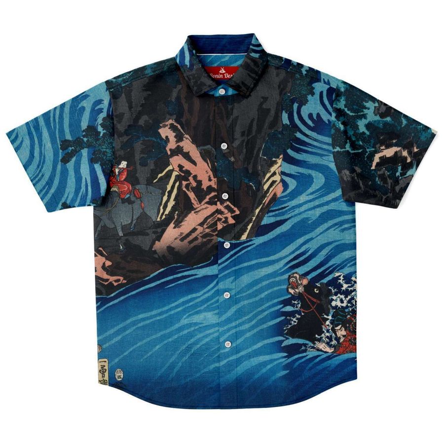 Gentoku Uma o Odorashite Tankei o Koeru zu by Kuniyoshi - Button Down Tee Shirt Japanese Woodblock Print Art