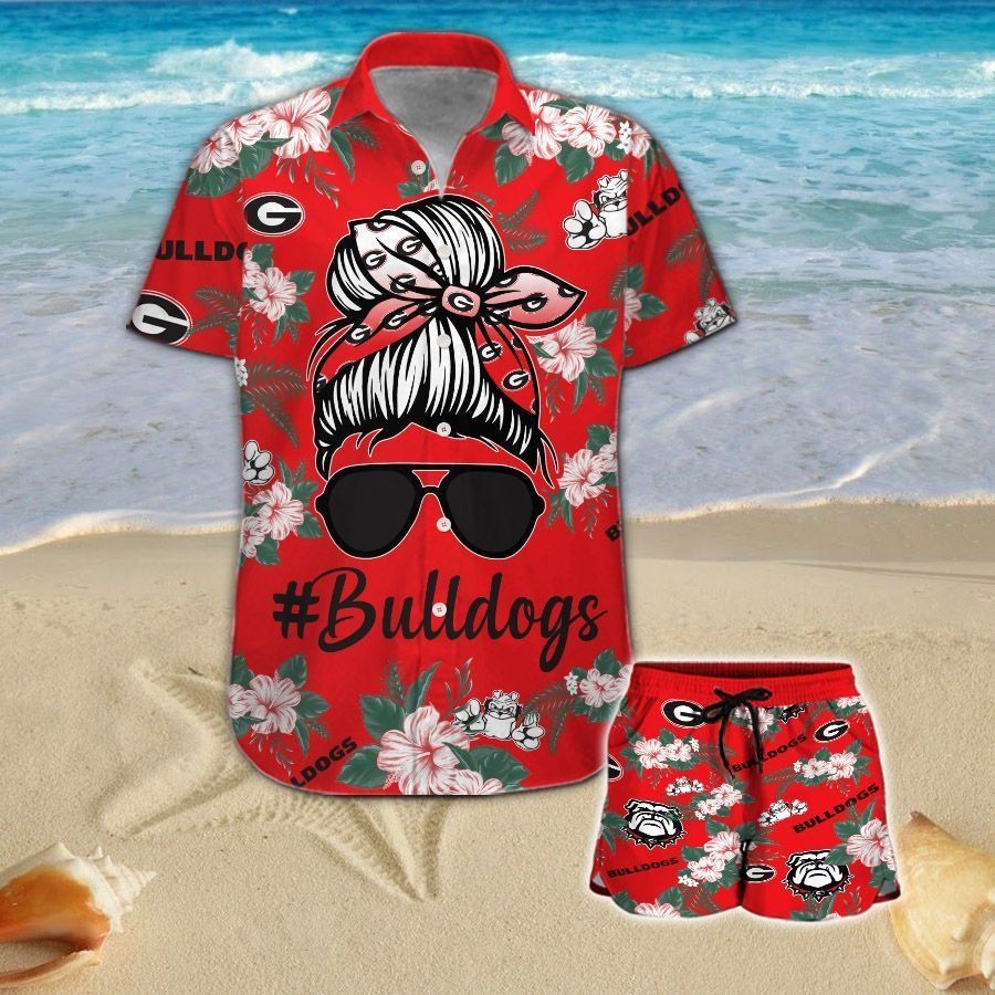 Georgia Bulldogs Girl Messy Bun Short Sleeve Button Up Tropical Aloha Hawaiian Shirts For Men Women