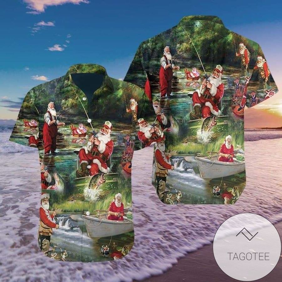 Get Here Funny Santa Claus Fishing Hawaiian Aloha Shirts 1910l