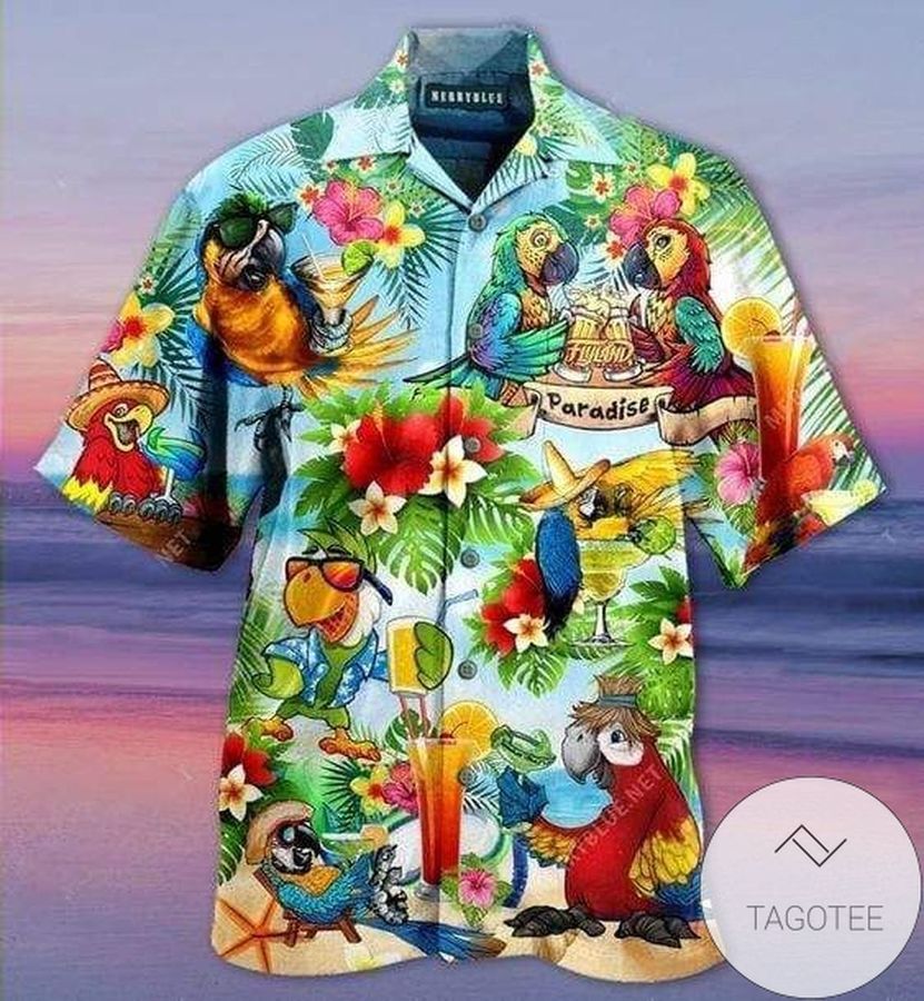 Get Here Hawaiian Aloha Shirts Parrots Cocktails Paradise