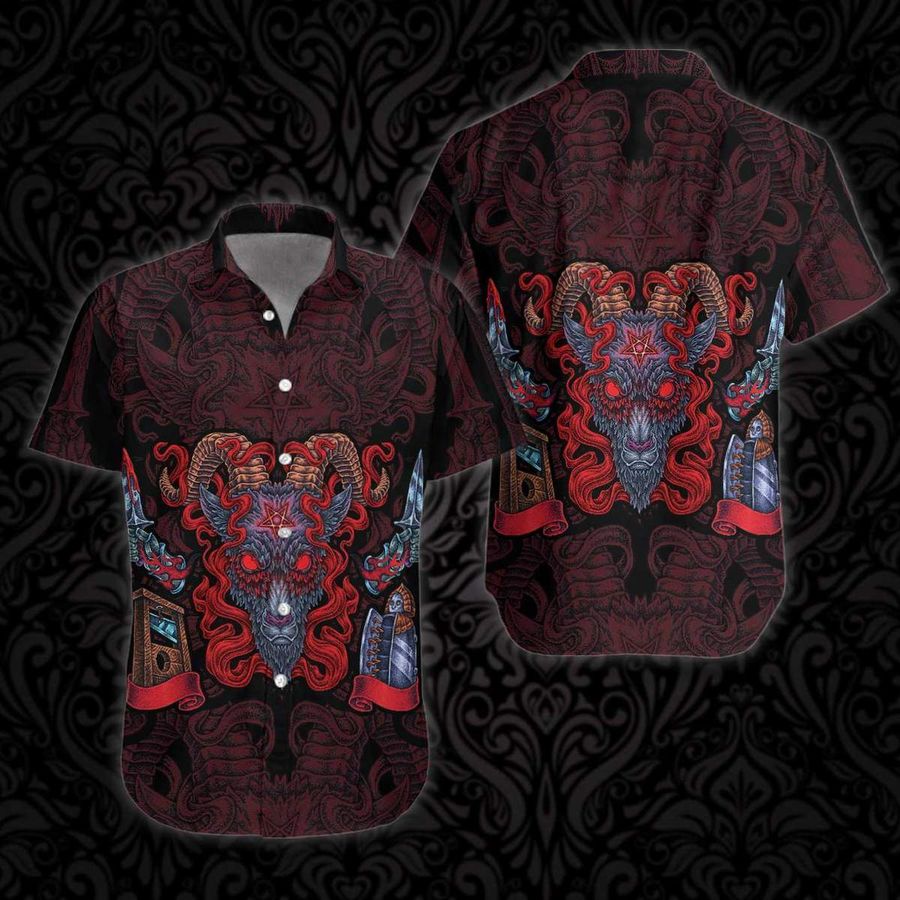 Goat Head Pentagram With Hell Fire Satanic Gothic Hawaiian Shirt Pre13146, Hawaiian shirt, beach shorts, One-Piece Swimsuit, Polo shirt, funny shirts