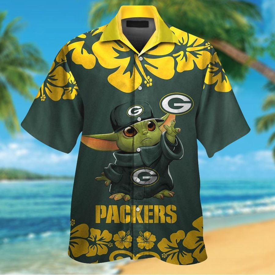 Green Bay Packers Baby Yoda Short Sleeve Button Up Tropical Aloha Hawaiian Shirts For Men Women