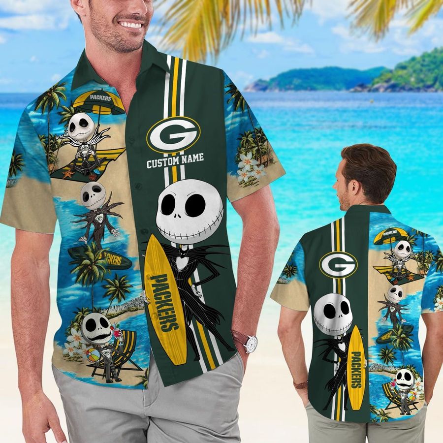 Green Bay Packers Jack Skellington Custom Name Short Sleeve Button Up Tropical Aloha Hawaiian Shirts For Men Women