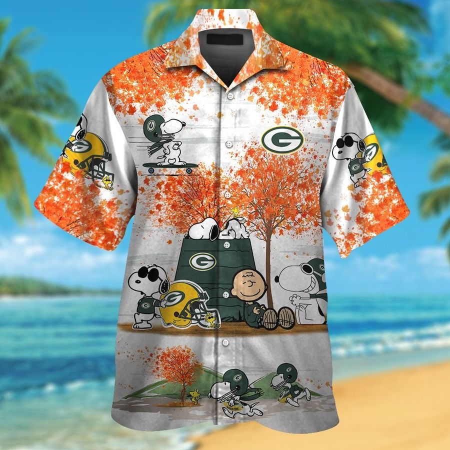 Green Bay Packers Snoopy Autumn Short Sleeve Button Up Tropical Aloha Hawaiian Shirts For Men Women