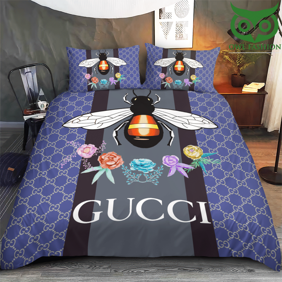 Gucci Bee with rose blue luxury bedding set.png
