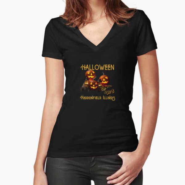 Halloween 1978 Holiday Spooky, Gift Myers Pumpkin Haddonfield Illinois. Fitted V-Neck T-Shirt