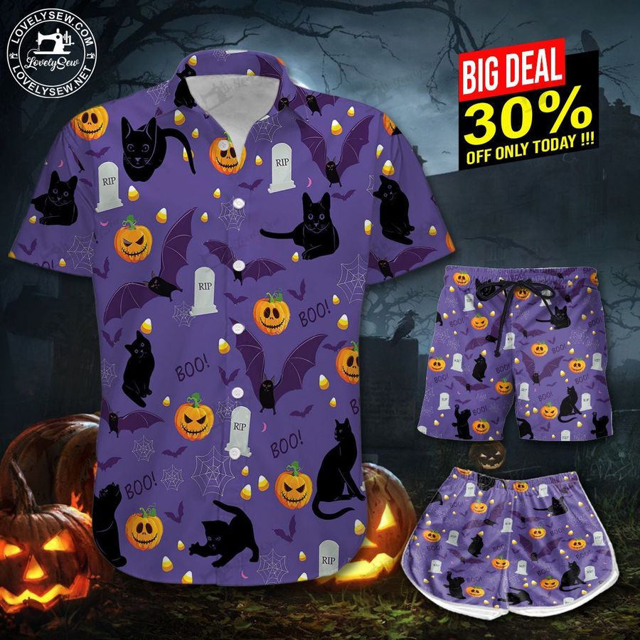 Halloween Black Cat Hawaii Shirt & Shorts TRT21082502-TRO21082502