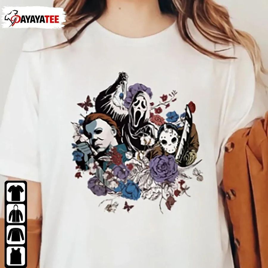 Halloween Floral Horror Movie Chacracters Shirt Scream Ghostface Jason Michael Myers