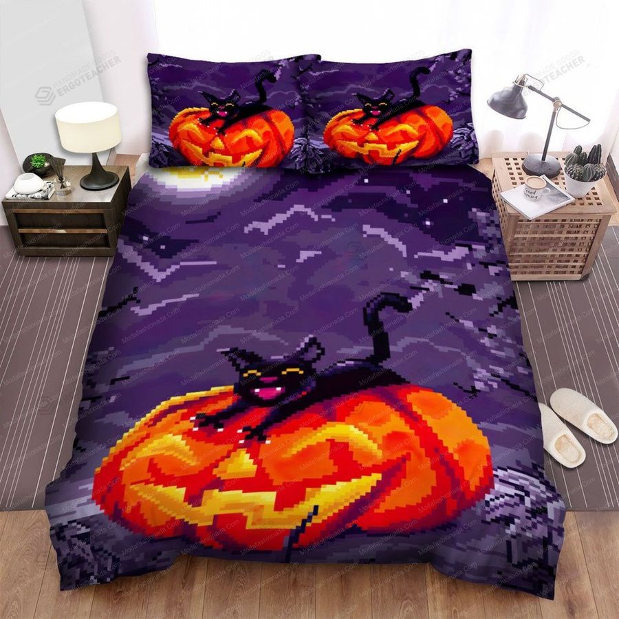 Halloween Jack O Lantern Pixel Art and Black Cat Animal 275 Bedding Set – Duvet Cover – 3D New Luxury – Twin Full Queen King Size Comforter Cover