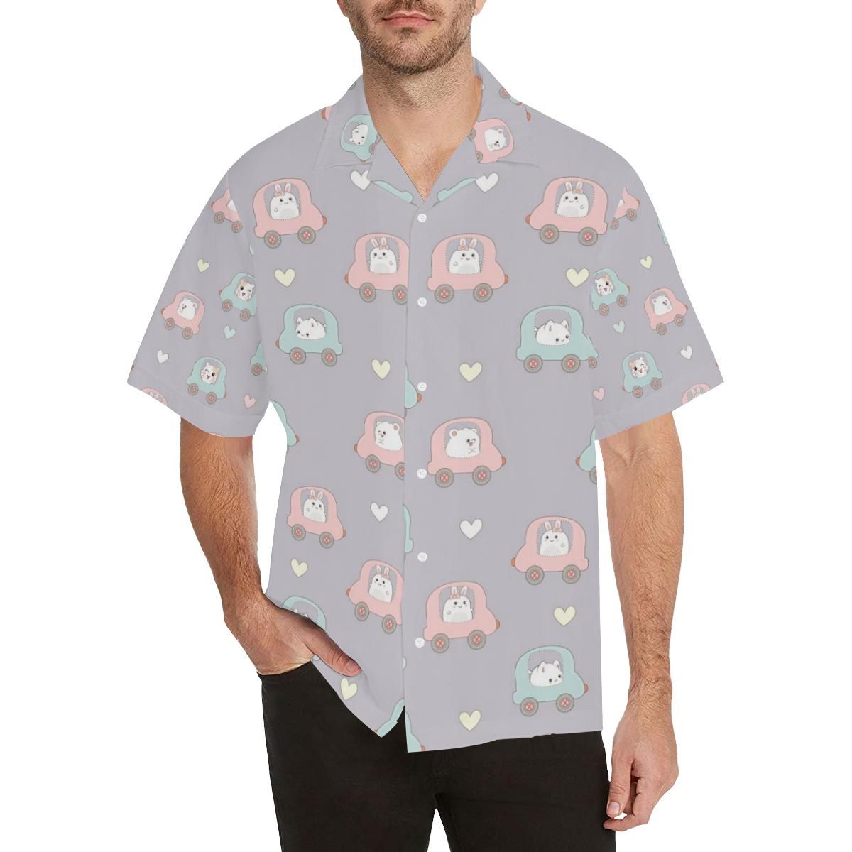 Hamster In Car Heart Pattern Men’s All Over Print Hawaiian Shirt
