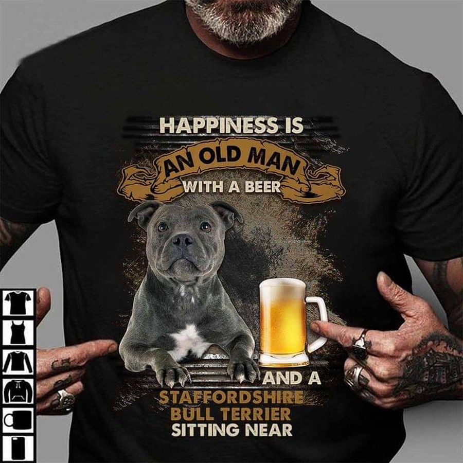 Happiness is an old man with a beer and a Staffordshire bull terrier sitting near