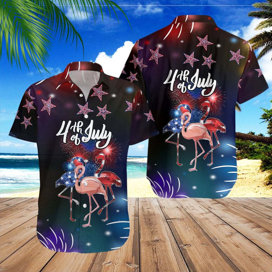 Happy 4Th of July Hawaiian Shirt, Flamingo Hawaiian Shirt, American Flag Style Hawaiian Shirt, 4Th of July Hawaiian Shirt