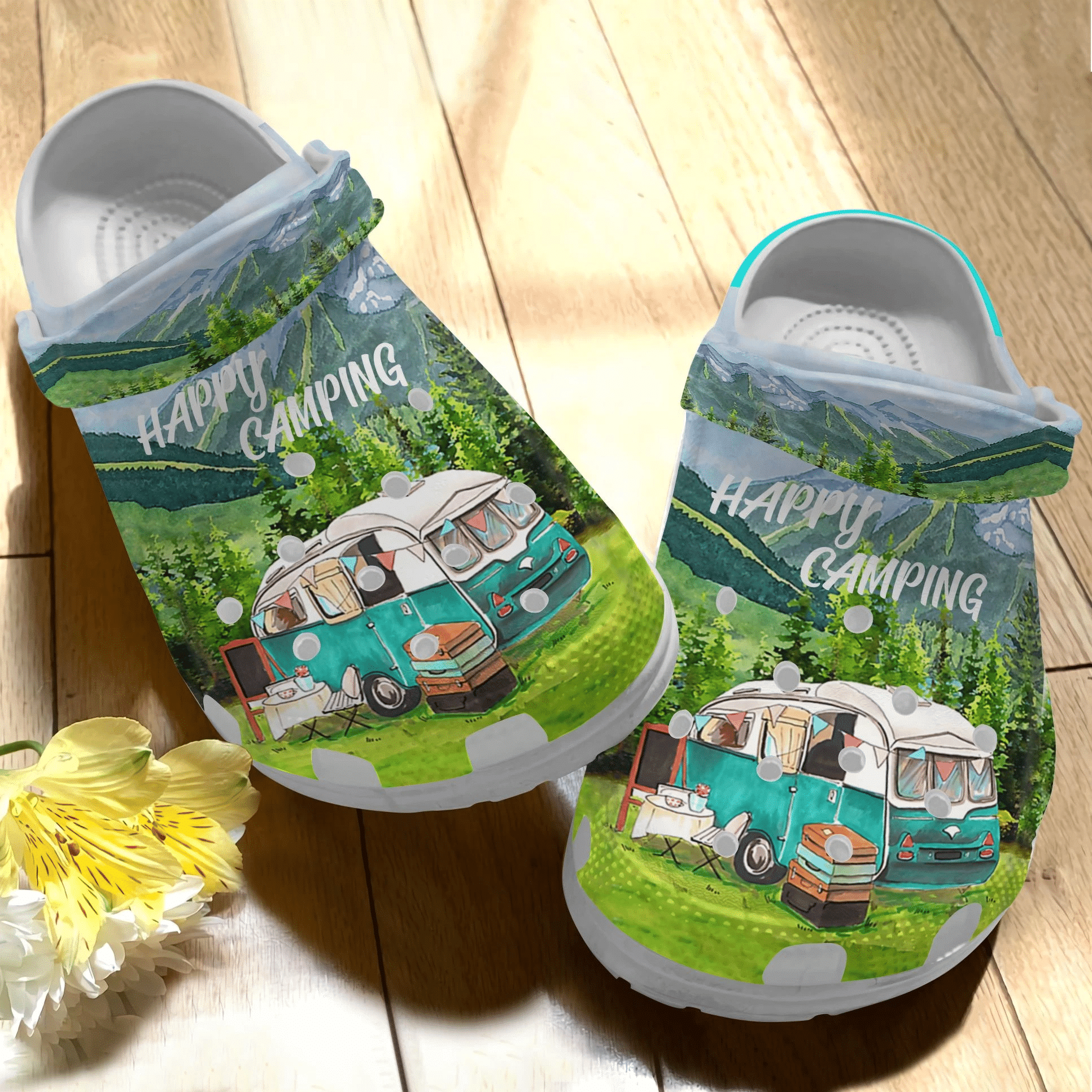 Happy Camping Camper Van Green Gift For Lover Rubber Crocs Crocband Clogs, Comfy Footwear